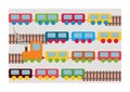 Train toys pattern. Locomotive for kid. Cartoon wagon, wheels and railway for child. Train isolated on gray background.