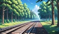 A Train track alongside trees in sunny summer day