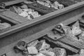 Train track detail showing the sleeper and the fastening loop Royalty Free Stock Photo