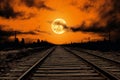 Train track with full moon in the background and clouds. Generative AI Royalty Free Stock Photo