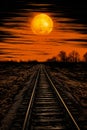 Train track with full moon in the background and red sky. Generative AI Royalty Free Stock Photo