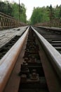 Train track on the historic iron railway bridge - Pilchowice Lake - Lower Silesia, Poland. Royalty Free Stock Photo