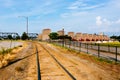 Train track and hydroelectricity plants over Mississippi River in Davenport, Iowa, USA