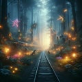A train track that leads through a mystical forest filled with Royalty Free Stock Photo