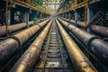A train track running through a complex network of pipes, Massive pipelines stretching through a dense urban setting, AI Generated Royalty Free Stock Photo