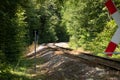 A train track which curves around a corner and out of view in the forest Royalty Free Stock Photo