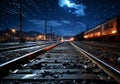 Train tracks on a dark night. Transport. AI generated