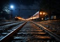 Train tracks on a dark night. Transport. AI generated