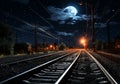 Train tracks on a dark night. Transport. AI generated