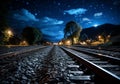 Train tracks on a dark night. Transport. AI generated