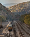 Train tracks in Keyser, West Virginia with engine Royalty Free Stock Photo