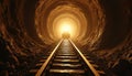 Train tracks lead through a rough tunnel illuminated by bright light ahead. Mining operation, extraction process, geological Royalty Free Stock Photo