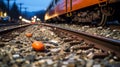 a train on the tracks with orange peels on the ground