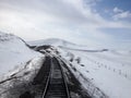 Train tracks on snowy landscape Royalty Free Stock Photo