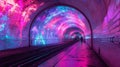 A train tracks with a tunnel in the middle of it, AI Royalty Free Stock Photo