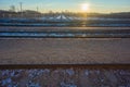 Train tracks with vineyard in winter Royalty Free Stock Photo