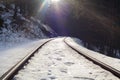 Train tracks in the winter snowy forest Royalty Free Stock Photo