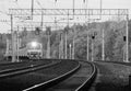 Train on the tracks in the woods. black and white Royalty Free Stock Photo