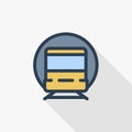 Train, tram, rails transport thin line flat color icon. Linear vector symbol. Colorful long shadow design.