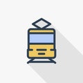 Train, tram, rails transport thin line flat icon. Linear vector symbol colorful long shadow design.