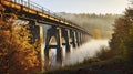 Train transport. Railway bridge in autumn in the village Dolni Loucky. Autumn foggy morning in the countryside. Generative AI Royalty Free Stock Photo