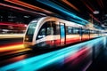 a train traveling through the city at night