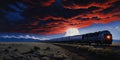 A train traveling through the desert with a red sky, AI Royalty Free Stock Photo