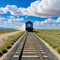 a train traveling through a desert under a blue sky with white fluffy puffy clouds in the distance with a dirt road in the