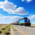 a train traveling through a desert under a blue sky with white fluffy puffy clouds in the distance with a dirt road in the