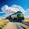 a train traveling through a desert under a blue sky with white fluffy puffy clouds in the distance with a dirt road in the Royalty Free Stock Photo