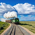 a train traveling through a desert under a blue sky with white fluffy puffy clouds in the distance with a dirt road in the Royalty Free Stock Photo