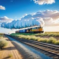 a train traveling through a desert under a blue sky with white fluffy puffy clouds in the distance with a dirt road in the