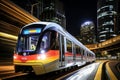 a train traveling down the tracks in a city at night