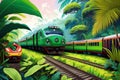 Train traveling through the lush green forest jungle. Fanstasy tropical background ai generated