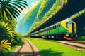 Train traveling through the lush green forest jungle. Fanstasy tropical background ai generated