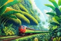 Train traveling through the lush green forest jungle. Fanstasy tropical background ai generated