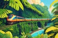 Train traveling through the lush green forest jungle. Fanstasy tropical background ai generated