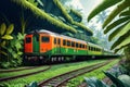 Train traveling through the lush green forest jungle. Fanstasy tropical background ai generated