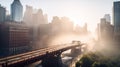 a train traveling over a bridge over a river in a city