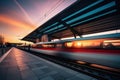 A train traveling past a train station. Blur effect from a fast moving train.Selective focus. High-speed transport