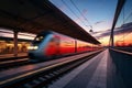 A train traveling past a train station. Blur effect from a fast moving train.Selective focus. High-speed transport