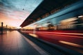 A train traveling past a train station. Blur effect from a fast moving train.Selective focus. High-speed transport