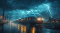 A train traveling through a stormy night with lightning strikes Royalty Free Stock Photo