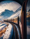 Train traveling through tunnel with snow covered mountains in the background. Generative AI Royalty Free Stock Photo