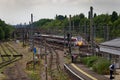 Train travelling through station.