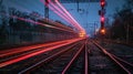 A train travels along the railway tracks, passing by a red traffic light Royalty Free Stock Photo