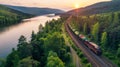 A train travels along the tracks cutting through a dense, green forest filled with tall trees and lush vegetation