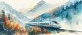 A train travels through a mountain valley, painted in watercolor Royalty Free Stock Photo