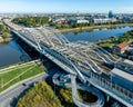 Train on triple railway bridge over Vistula in Krakow, Poland Royalty Free Stock Photo