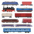 Train vector railway transport locomotive or wagon and subway or metro transportation illustration set of transportable